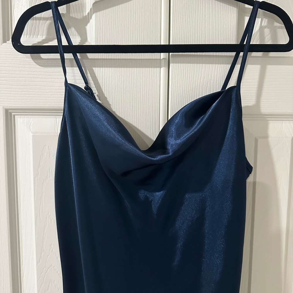 Bebe thin strap, navy blue silk dress, knee length with cowl neck - Picture 5 of 5